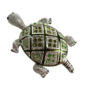Jeweled Turtle Brooch With Green Rhinestones Silver Tone
